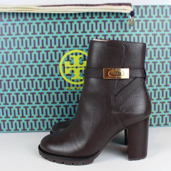 New TORY BURCH T Hardware Heeled Leather Ankle Boots - Picture 1 of 12